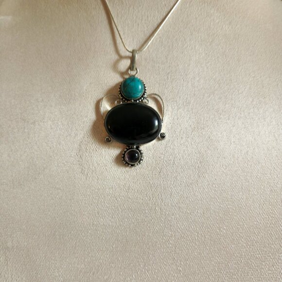 HANDCRAFTED NATURAL ONYX TURQUOISE AMETHYST PENDANT 18" CHAIN NEW - Picture 4 of 11
